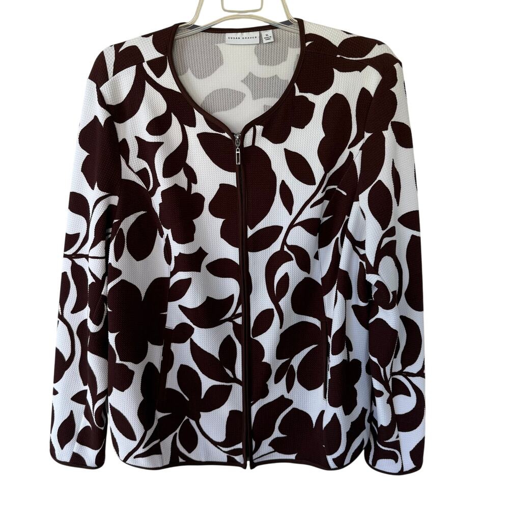 Susan Graver Size XL waffle knit jacket zip up brown white sweater size XL